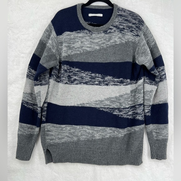 Outerknown sweater men US L Gray Blue geometric stripe organic cotton baby alpac